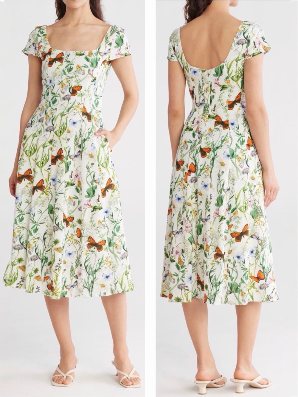 Avec Les Filles Womenโs Floral Butterfly Print Linen Blend Fit-Flare Midi Dress